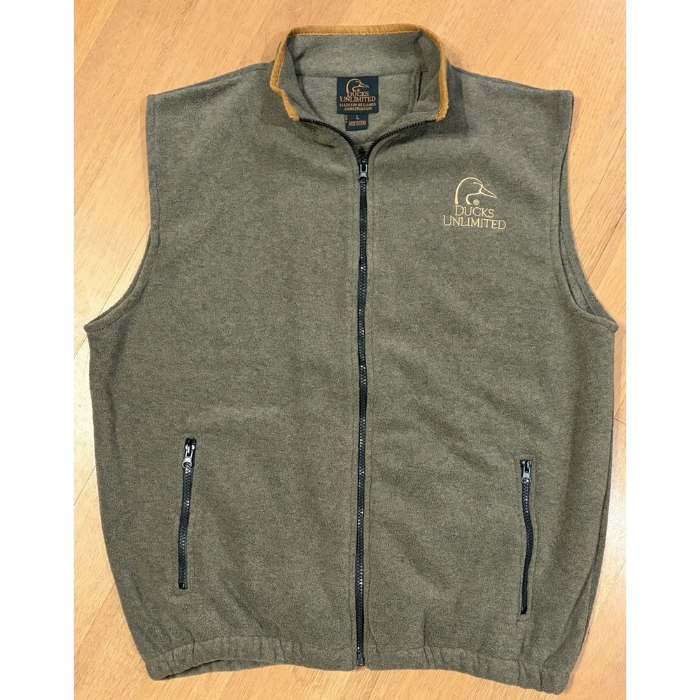 Ducks Unlimited Vest Mens L Green Fleece Embroidered Zip Pockets Hunting EUC